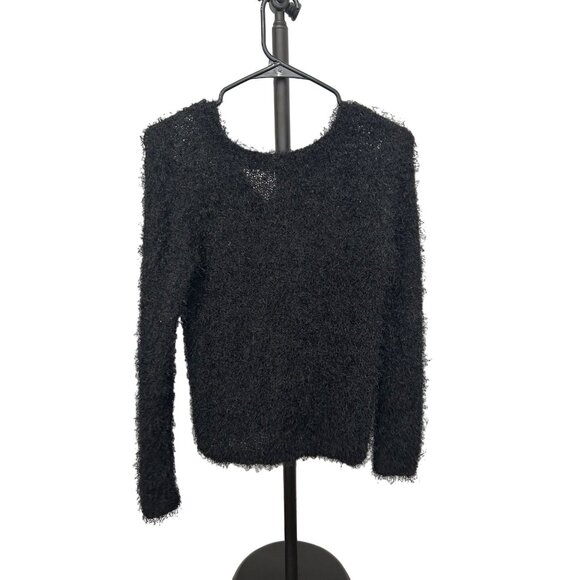 Fraiche Black Fuzzy Knit Long Sleeve Scoop Neck Sweater Size S - Picture 2 of 8